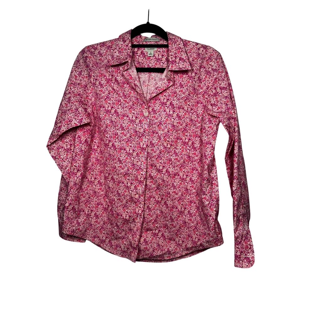 L.L. Bean Button Shirt Top Pink Floral Button Front Collared Long Sleeve Sz SP